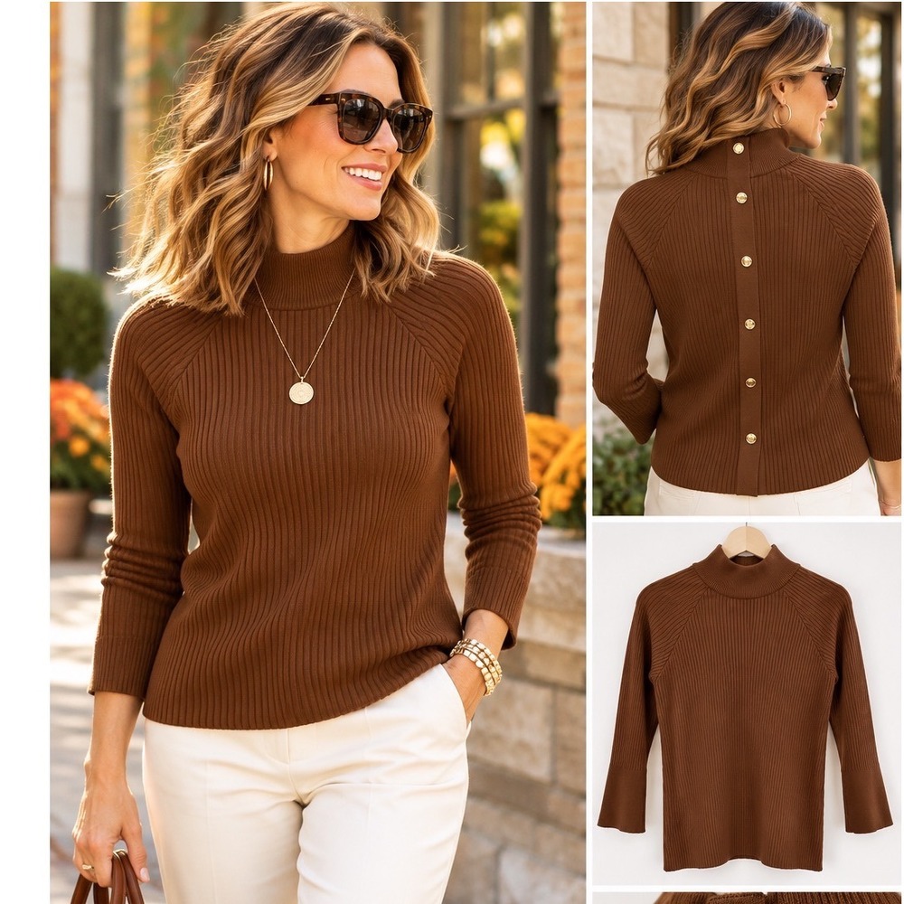 Marc New York Womens Brown Ribbed Mock Neck Gold Button Back Sweater Large